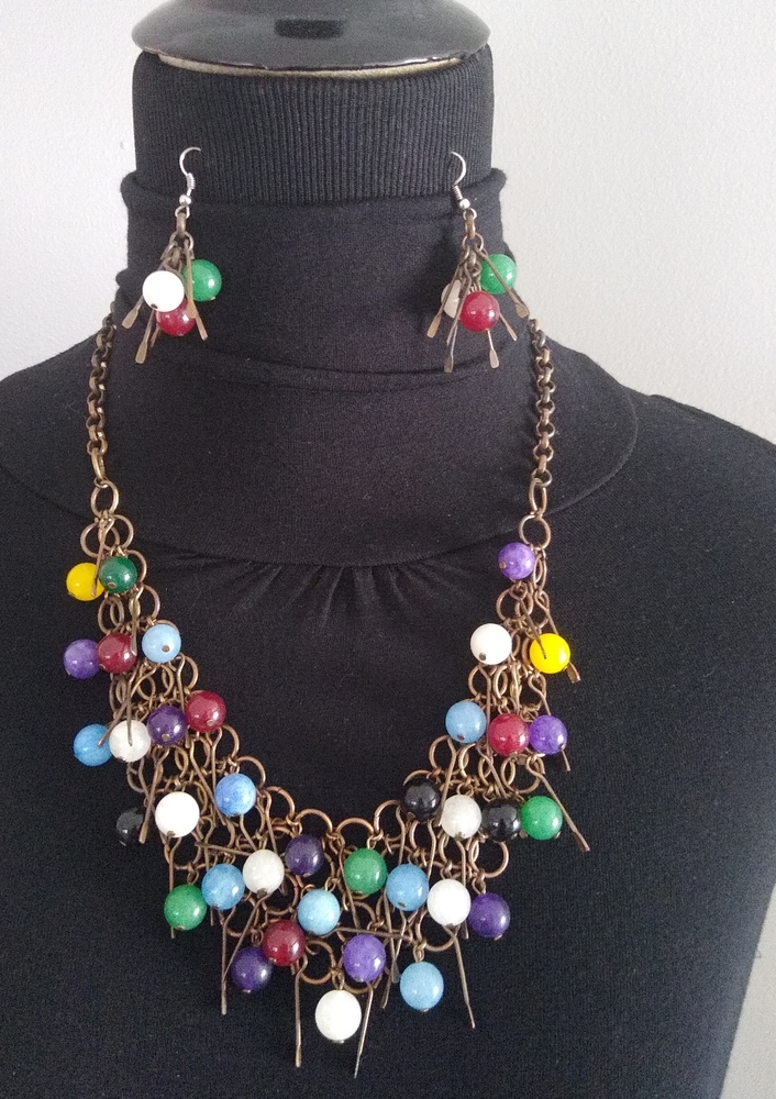 Bead and metal eclectic necklace and earring set